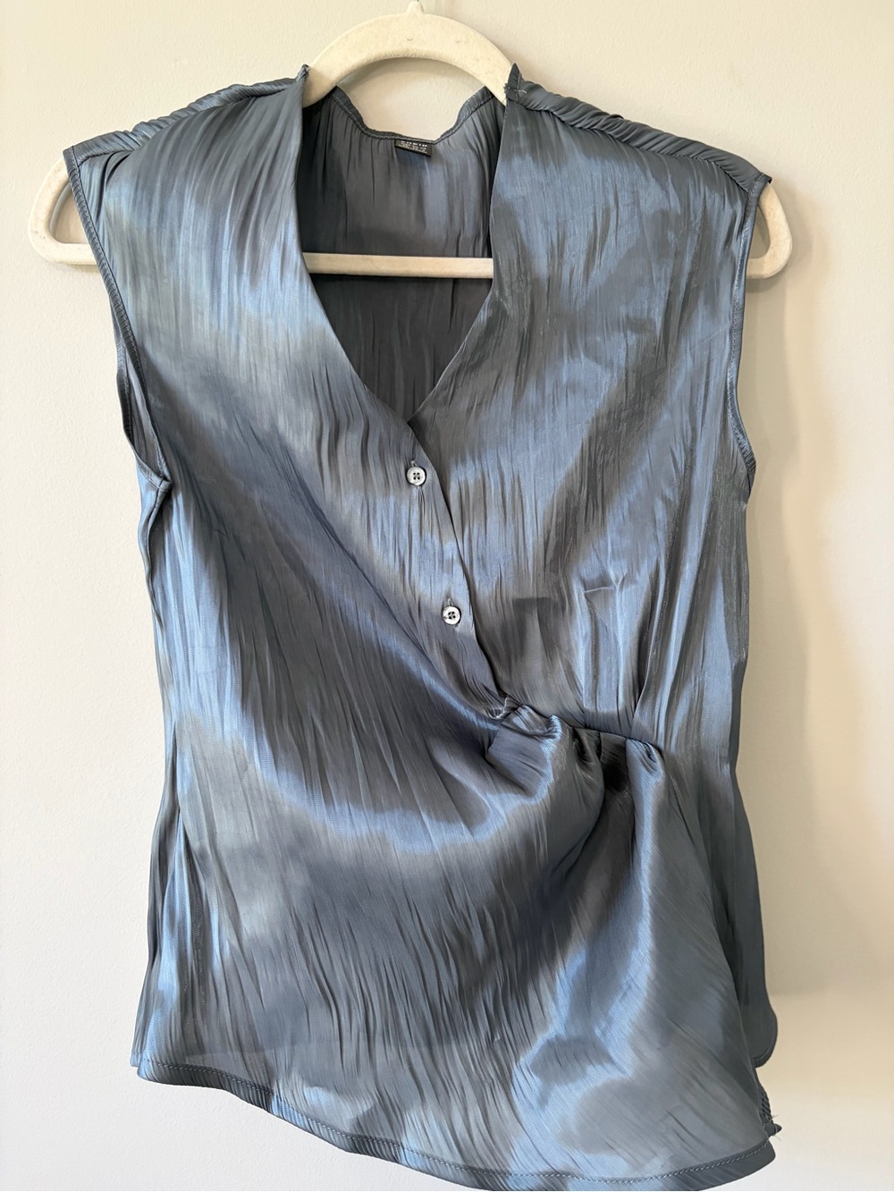 Slate Blue Sleeveless Satin Wrap Blouse